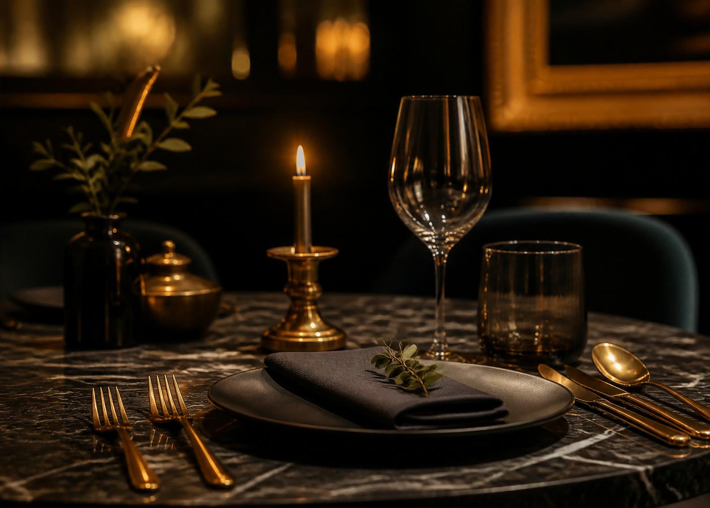 Candlelit fine dining table setting in a dark elegant room